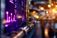 Digital display with financial data and purple LED indicators against blurred city lights background, modern trading and investment technology concept.