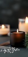 Glowing aromatic candles in matte black and white holders with pine branches and decorative pearls create serene spa atmosphere on dark background.