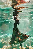 Ethereal underwater silhouette of woman in flowing dress with sunlight creating magical bokeh effect in turquoise water, artistic fashion photography.
