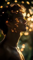Young woman with curly hair in profile, silhouetted against warm golden bokeh lights, creating an ethereal glow effect around her face and shoulders for artistic and conceptual use.
