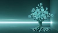 Glowing turquoise tree with intricate branches and roots on gradient background for digital art, meditation, and spiritual wellness designs.