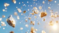 Sparkling gold nuggets and fragments floating against bright blue sky with sunlight, creating magical atmosphere of wealth and prosperity. For financial concepts.