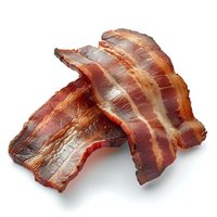 Crispy cooked bacon strips with golden brown edges and rich marbling, isolated on white background for food photography and menu design purposes.