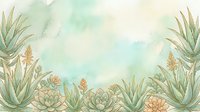 Soft watercolor background with aloe vera and succulents in muted green and gold tones, framing a pastel mint center with copy space.