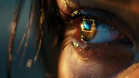 Extreme macro shot of human eye with glowing blue digital reflection, golden sparkles on eyelashes and skin texture detail in dramatic lighting for technology concept.
