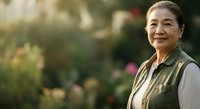 Middle-aged Asian woman wearing olive green vest over white shirt, smiling outdoors in garden setting with blurred flowering plants background. Portrait for lifestyle, wellness, gardening, and senior lifestyle concepts.