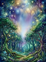 Enchanted forest pathway with glowing lights, twisted trees, and magical atmosphere, ideal for fantasy backgrounds and mystical designs.