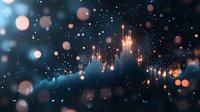 Glowing orange and blue bokeh lights with financial chart silhouette against dark background, abstract business and stock market concept visualization.