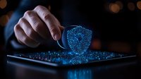Digital shield hologram floating above tablet device with protective gesture, representing cybersecurity and data protection in modern technology environment.
