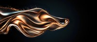 Luxurious flowing copper liquid metal wave with glittering particles on dark background creates dynamic motion effect for luxury product advertising.