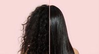 Hair transformation before and after straightening treatment showing curly to sleek straight results on pink background for beauty salon services.