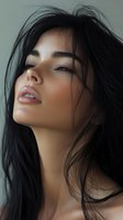 Young attractive woman with long dark hair and natural makeup looking up with closed eyes in soft lighting for beauty and skincare concepts.