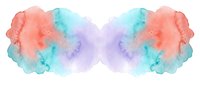 Symmetrical watercolor inkblot in coral pink, turquoise and purple hues on white background. Abstract art for psychology, creativity and design projects.
