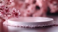 Pink cherry blossom product display podium with sparkling glitter border and soft floral background for cosmetic beauty branding and spring marketing campaigns.