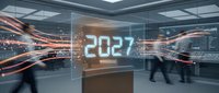 2027 glowing digital display in modern office with blurred businesspeople walking, representing future technology, innovation, and corporate vision for upcoming year planning.