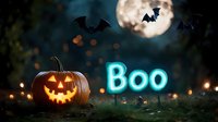 Glowing carved pumpkin with neon blue Boo text and flying bats against full moon background, spooky Halloween night scene with bokeh lights and dark atmosphere.