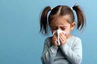 Young girl with pigtails wearing gray sweater sneezing into tissue against blue background, depicting cold and flu symptoms in children.