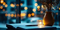 Cozy evening atmosphere with open book, glowing candle and vase with dried flowers on windowsill against blurred bokeh lights background in blue tones.