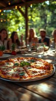 Fresh margherita pizza with basil on wooden table at outdoor restaurant gathering with blurred people dining under string lights and green foliage.