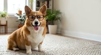 Adorable corgi dog wearing glasses sitting on carpet in modern living room interior with tongue out and happy expression for pet care concepts.