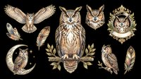 Vintage owl collection with detailed feathers, wings, and decorative elements isolated on transparent background, ready for t-shirt design, clipart, stickers, and print-on-demand projects.