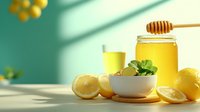 Fresh honey with wooden dipper, lemons and mint leaves on wooden table. Natural sweetener and citrus fruits for healthy lifestyle and cooking.