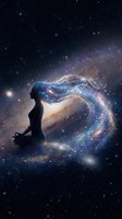 Woman silhouette meditating in cosmic space with galaxy hair flowing through starry universe background for spiritual wellness and mindfulness concepts.