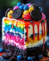 Rainbow layered cake with chocolate cookies, fresh blueberries, and red dripping glaze on top, decorated with colorful candies and cream filling between vibrant layers.