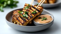 Grilled teriyaki tofu skewers with creamy peanut dipping sauce on gray ceramic plate, garnished with fresh herbs. Close up view shows charred grill marks and glazed texture.