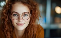 Young Caucasian woman with natural red curly hair and round glasses smiling warmly at camera. Soft bokeh background creates professional business portrait atmosphere.
