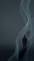 Silhouetted male figure in dark business suit standing alone against abstract flowing wave patterns in teal and gray tones, conveying contemplation, innovation, and digital transformation for corporate and technology concepts.