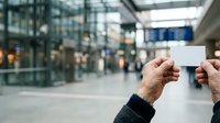 Hands holding blank white business card in modern airport terminal with blurred travelers and glass architecture in background for corporate branding.