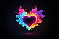 Vibrant heart shape with flowing rainbow smoke effect and neon glow on dark background, floating magical love symbol with colorful flame-like elements.