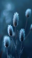 Frost-covered wild grass heads against dark blue winter background with soft bokeh lights, creating ethereal morning nature scene with delicate ice crystals.