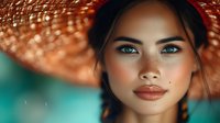 Young woman with striking blue eyes and freckles wearing a wide-brimmed straw hat against turquoise background, perfect for beauty, fashion, and lifestyle content.