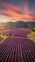 Lavender field rows stretching toward mountains under dramatic sunset sky with orange and pink clouds creating scenic agricultural landscape.