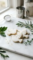 White iced dove-shaped cookies on marble board with green herbs in bright kitchen setting for peaceful baking and holiday celebration concepts.