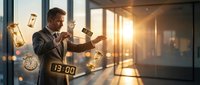 Businessman juggling clocks and watches in modern office with golden sunlight, representing time management, productivity, and deadline pressure in corporate environment.