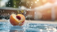 Fresh ripe peach splashing into clear water with droplets and sun flare creating dynamic motion and refreshing summer mood.