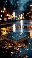 Antique leather-bound book with golden details on wet pavement during rainy evening with warm street lights creating atmospheric bokeh background.