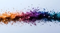 Colorful powder explosion in rainbow spectrum colors creating dynamic motion trail against white background, floating particles spread horizontally.