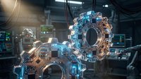 Futuristic digital gears with glowing circuit patterns in industrial setting. Technology automation concept for manufacturing and engineering applications.