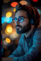 Young bearded man with glasses and headphones working at night with colorful bokeh lights creating atmospheric tech workspace ambiance.