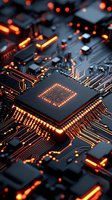Glowing orange microprocessor on dark circuit board with illuminated pathways and electronic components, macro view showing intricate technological details.
