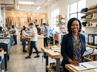 Female fashion designer with dark skin tone smiling at workspace in busy studio with colleagues working on garments, sewing stations, and clothing racks in background.