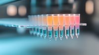 Laboratory test tubes with colorful gradient liquid samples in row on plastic holder, scientific research and medical diagnostics concept on blurred background.