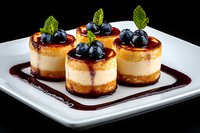 Mini cheesecakes topped with fresh blueberries and mint leaves on white plate with berry sauce, elegant dessert presentation against black background.