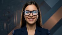 Young Caucasian businesswoman in glasses smiling confidently against a dark tech circuit board background, blending corporate and digital innovation themes.
