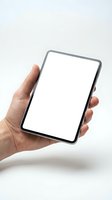 Hand holding modern tablet with blank white screen mockup for app presentation and digital content display on neutral background.