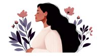 Young Asian woman with long black flowing hair in white sweater surrounded by purple leaves and pink flowers, side profile illustration on white background.